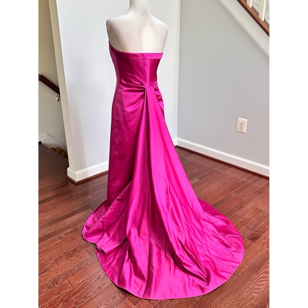 David's Bridal Fuchsia Strapless Fit & Flare Dainty Simple Gown Dress w Train - Picture 2 of 12